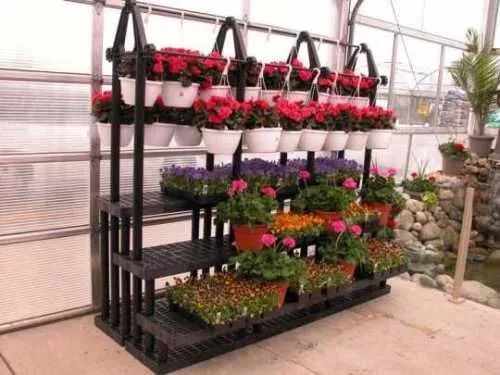 Greenhouse plant bench w/ hanging flower pots